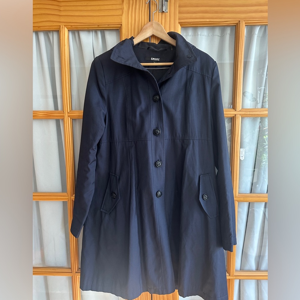 DKNY hooded trench coat size L Navy Blue